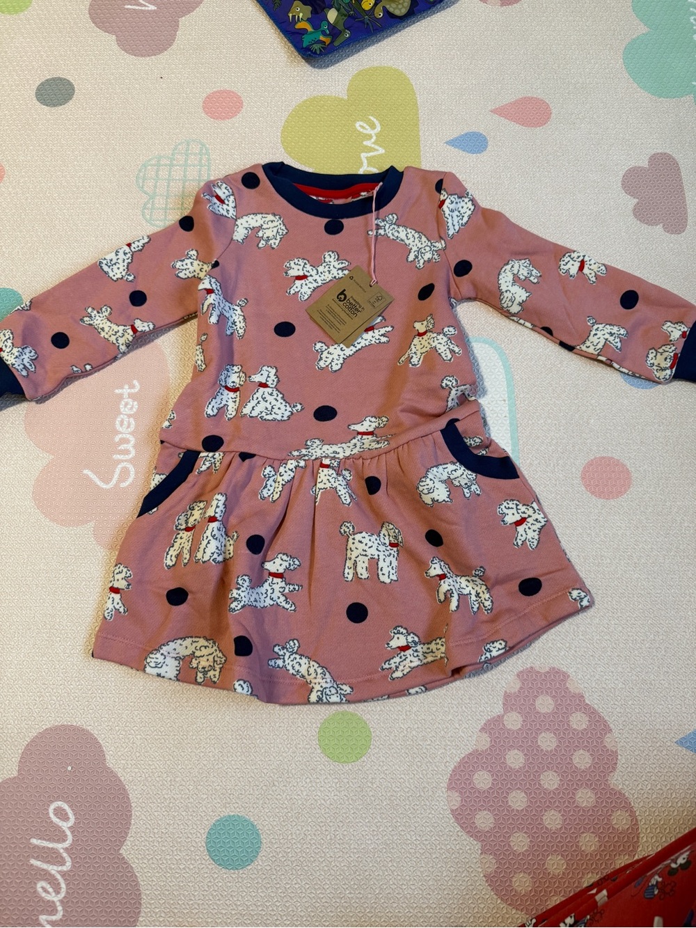 Mini Boden Pink Dalmatian Print Long Sleeve Dress with Navy Accents